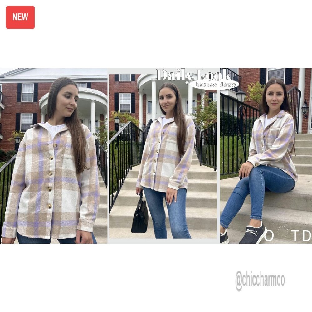 Flannel Shacket Jacket Button Down Long Sleeve Shirt Fall Outfits - Picture 6 of 8